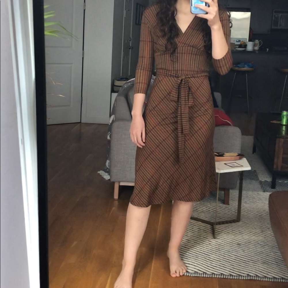 Max Mara long sleeve plaid midi v neck dress